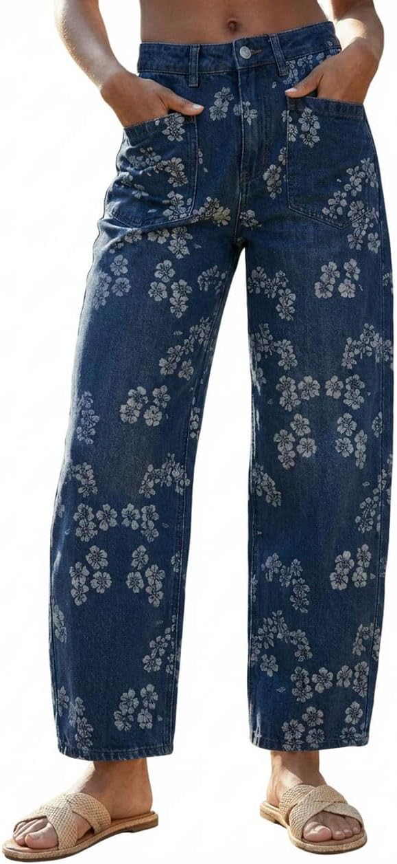 utcoco Women's Floral Print Barrel Jeans Y2k Baggy Wide Leg Mid Rise Cropped Denim Pants Relaxed Fit Trousers for Daily Wear