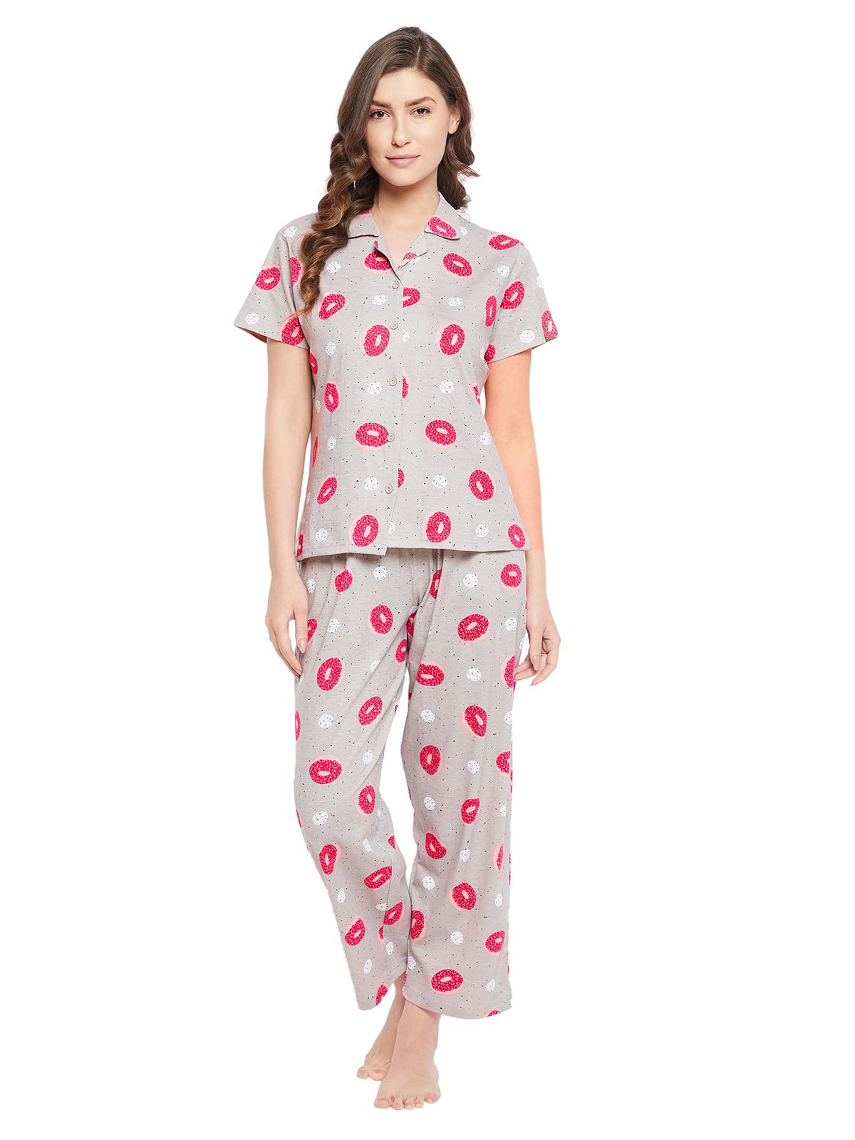 clovia Women's Cotton Printed Button Down Shirt & Pajama Set-picture-33