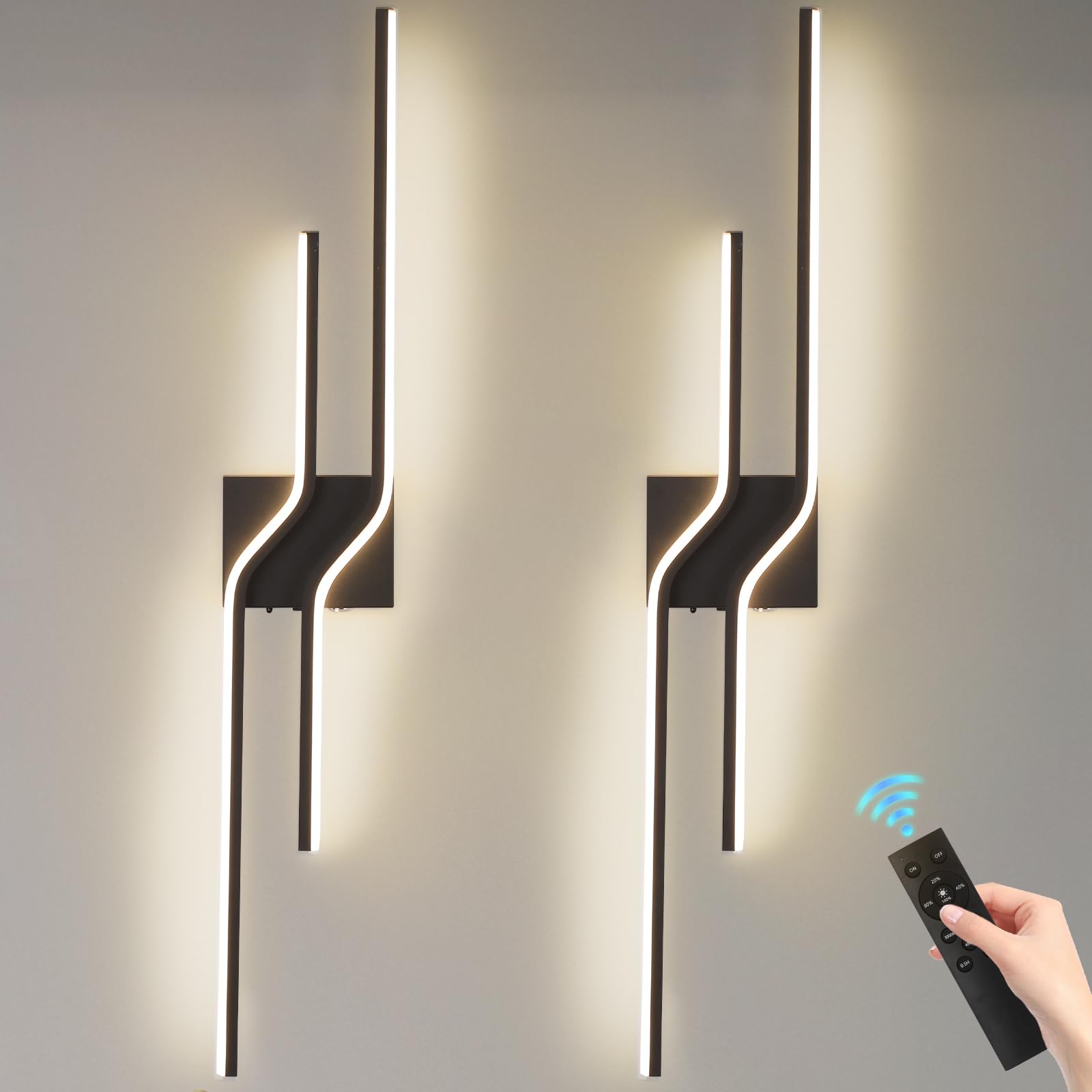 Photo 1 of INHXSZU Battery Operated Wall Sconces Set of Two,31.5 Inch Modern Wireless Wall Lights for Living Room,12000mah Rechargeable Black Wall Sconces with Remote,Dimmable LED Wall Lamps for Bedroom,Hallway