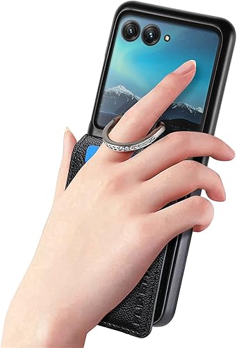 Miniatura 2 de Funda de piel sintética para Motorola Razr+ 2023 con tarjetero y función atril de cobertura completa para Motorola Razr Plus 2023, color negro