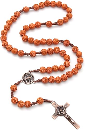 KOMI Rosarios católicos de madera hechos a mano, collar de cuentas de rosario de madera de Belén, oración cristiana, medalla de tierra santa y cruz