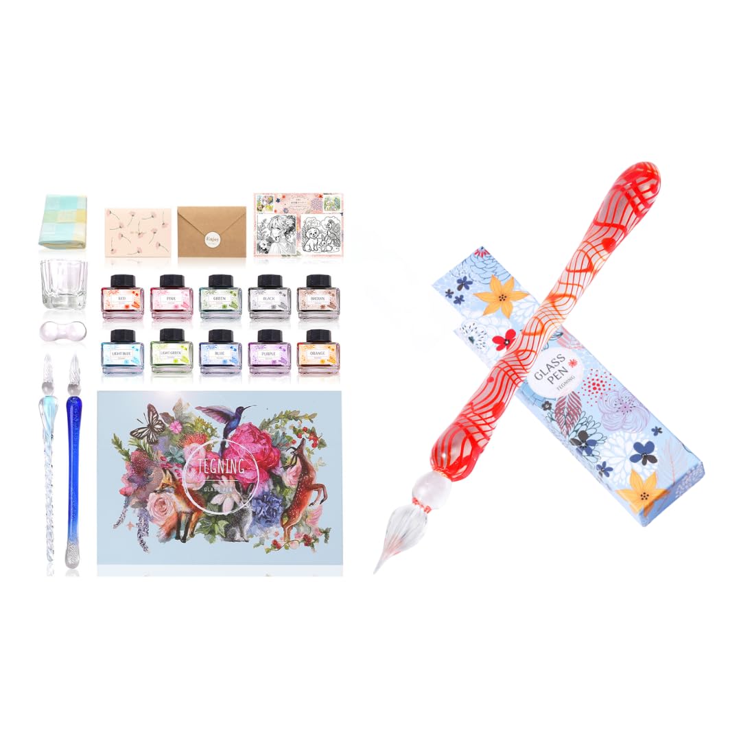 Artist Supervised Glass Pen Ink Set, Japanese Brand, 10 Colors, 2 Pens, Letter, Protective Case, Luxury Set (Blue Package + 1 Red)) : Office Products