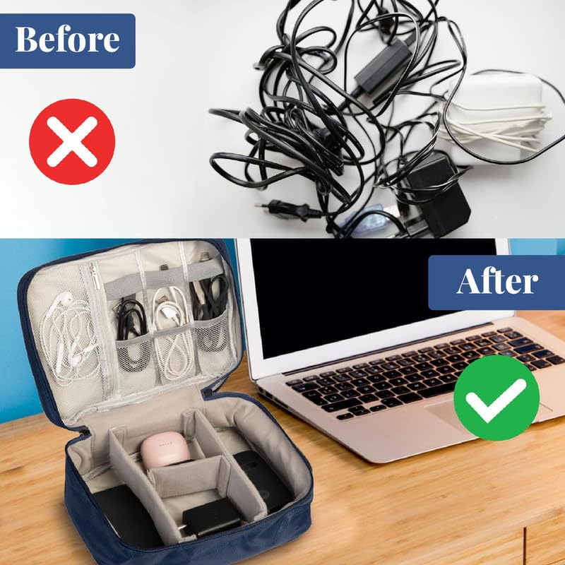 Image of HomeStrap Tech Organizer Case for Electronics Accessories | Storage Pouch for Chargers, Cables, Power Banks, SD Cards & Earphones | Waterproof & Travel-Friendly Gadget Bag -Navy Blue, Large