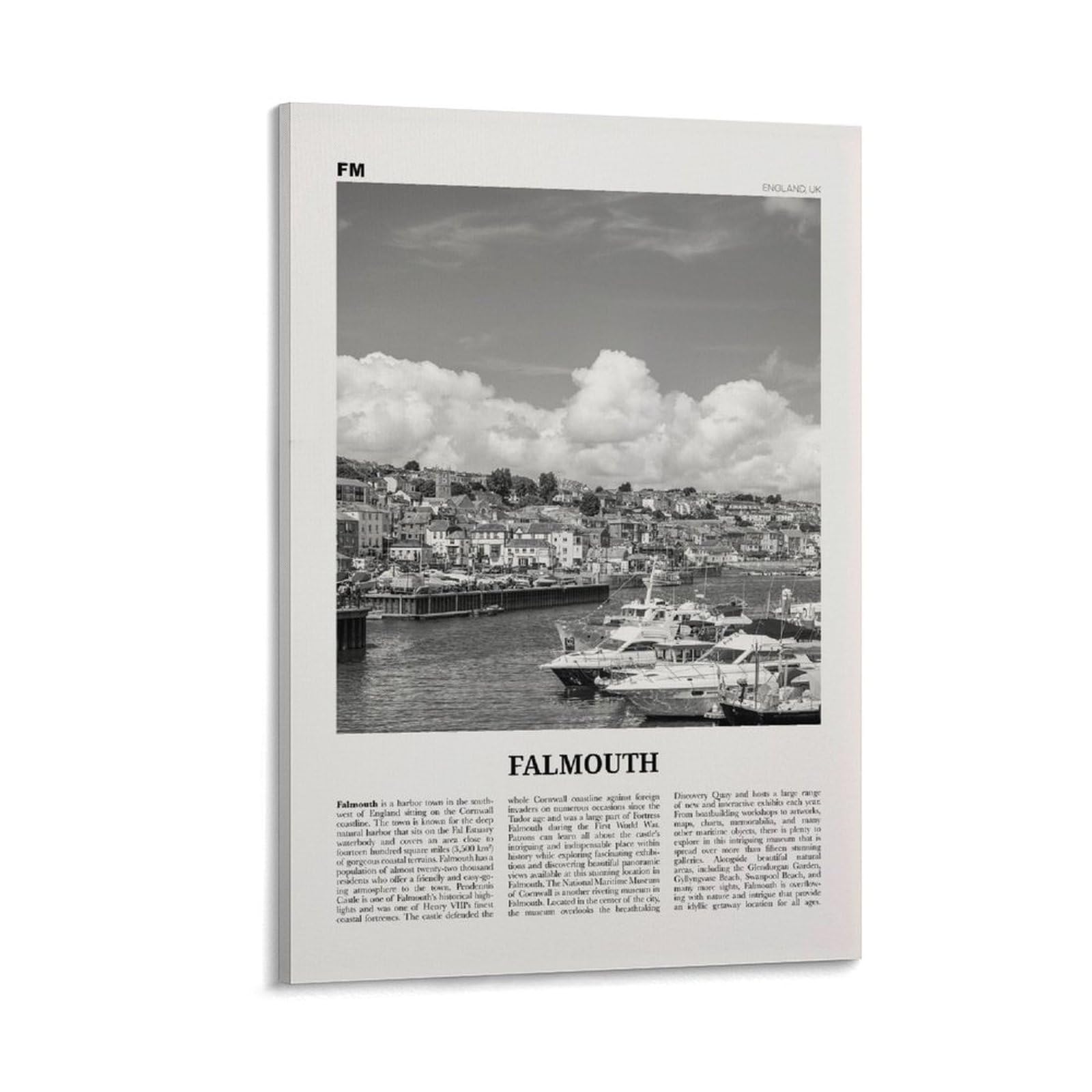 LZTEN Falmouth Print - Black And White England Wall Art, Poster, Photo, Map, Decor - UK Canvas Art Poster