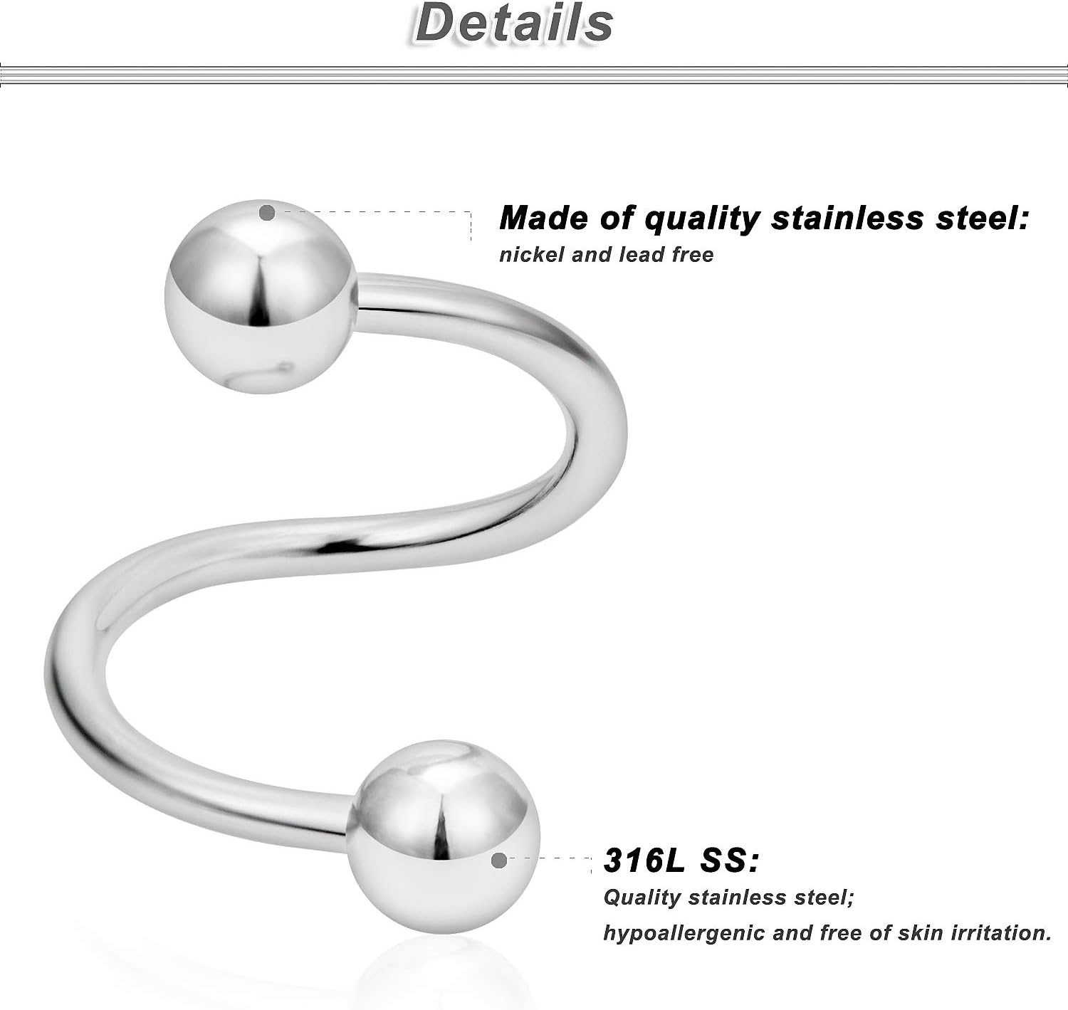 Ocptiy 16G Spiral Lip Rings Hoops 316L Surgical Steel Cartilage Helix Tragus Earring Lip Eyebrow Labret Septum Smiley Rings Hoop Piercing Jewelry 8mm 10mm - Image 2