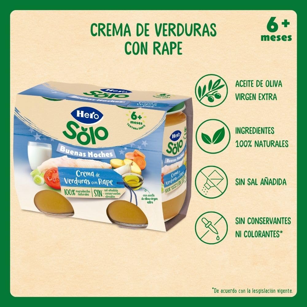 Hero Baby - Tarritos Infantiles, Buenas Noches Tarritos de Crema de Verduras con Rape, Alimento Infantil para Bebés a Partir de los 8 Meses - 190 g (Paquete de 12)