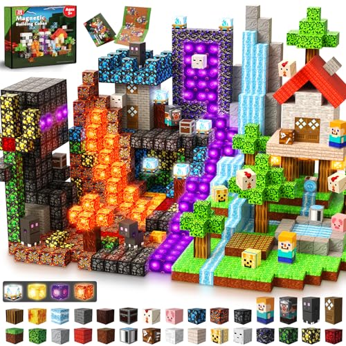 200 PCS Magnetic Blocks with Light Up Blocks - Magnetic Building Blocks Magnetic Construction Cube Toys STEM Sensory Learning Toys Easter Christmas Birthday Gifts for Toddlers Boys and Girls Age 3+