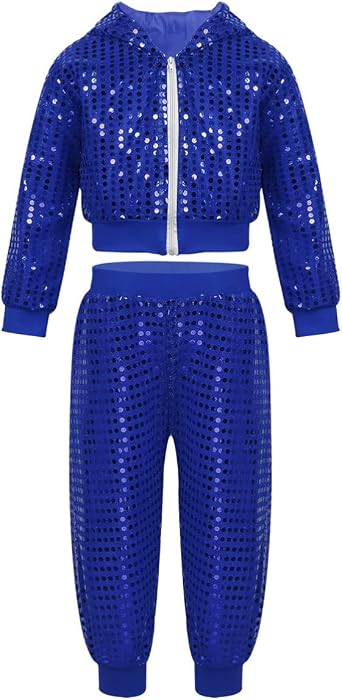 Alvivi Kids Boys Girls Sequins Street Dance Costume Hiphop Hooded Jacket Top with Pants Modern Jazz Performance Set