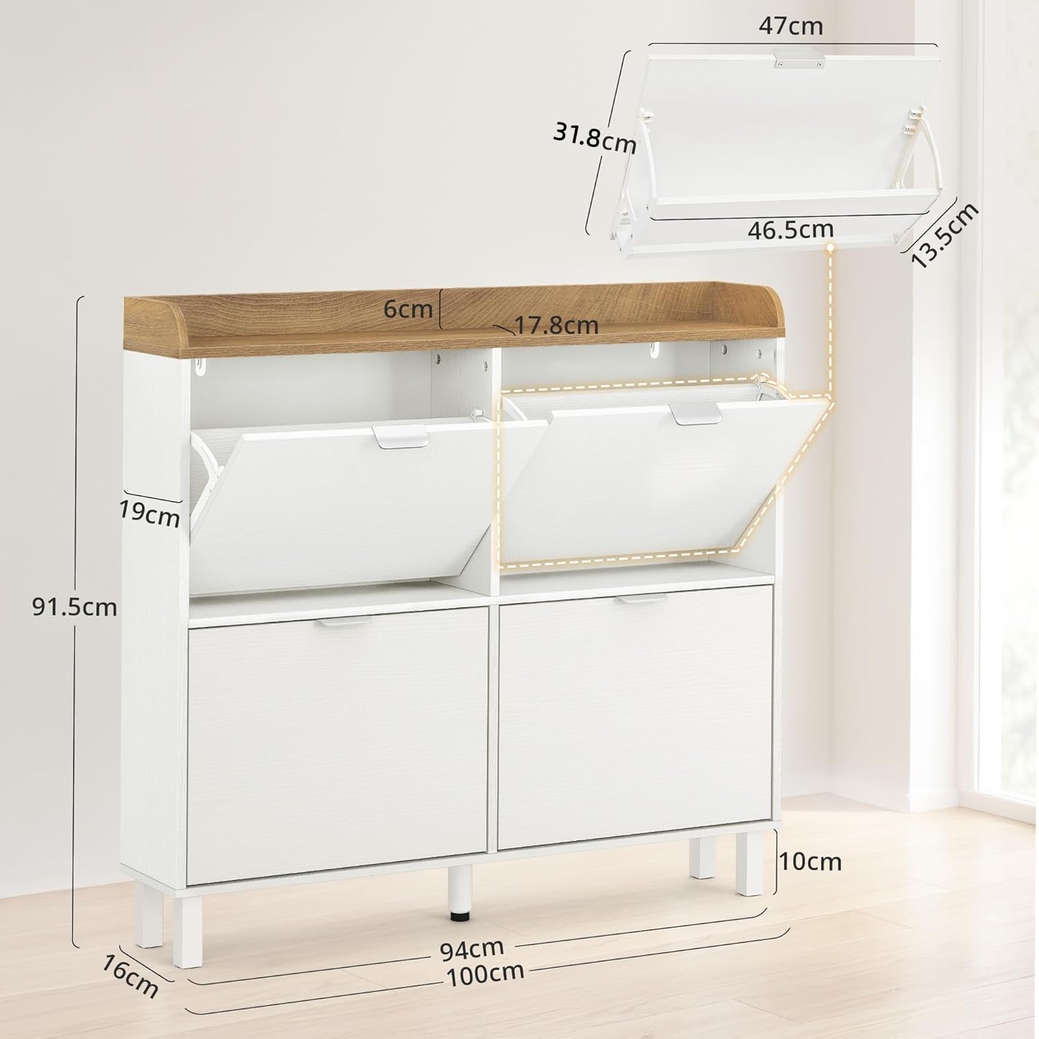 LUE BONA Zapatero, Zapatero Estrecho con 4 Tapas Abatibles, Gabinete Abatible con Base de Madera, Gabinete Cerrado Adecuado para Entrada y Pasillo 100x19x91.5 cm, Blanco.