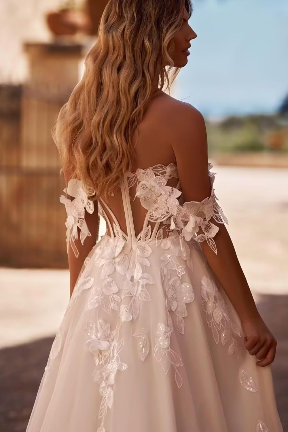 Damen Boho Beach Spitzenapplikationen Brautkleider Lang Braut Hochzeitskleider Prinzessin V-Ausschnitt Standesamt Brautkleid