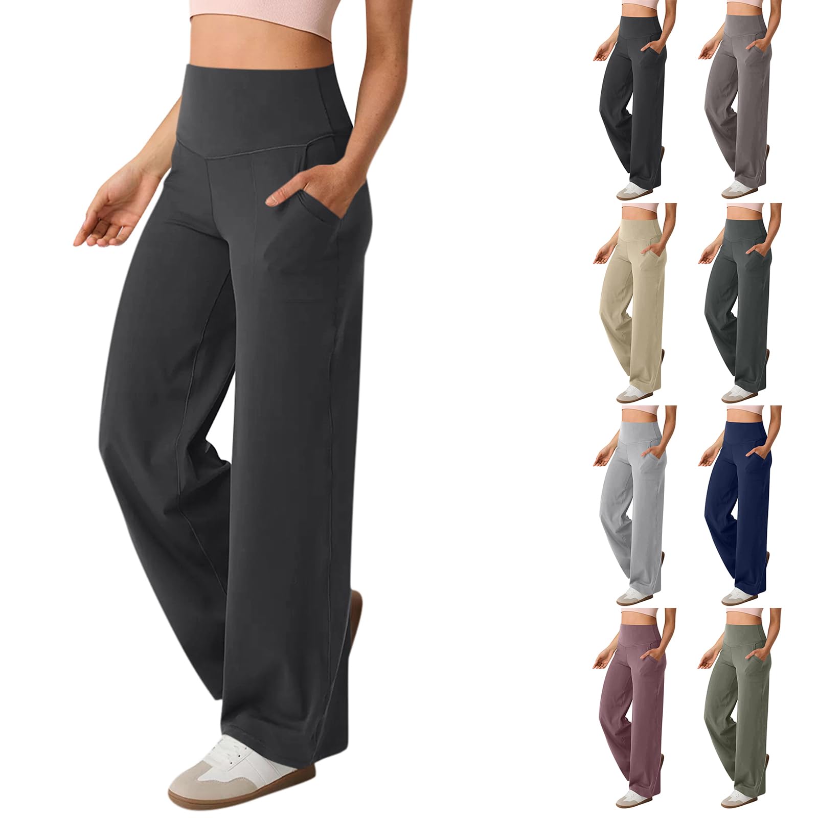 Women's Wide Leg Yoga Pants With Pockets - High Waist Stretch Straight Leg Dress Pants, Tummy Control Flare Leggings, Plus Size Athletic Pants for Pregnancy