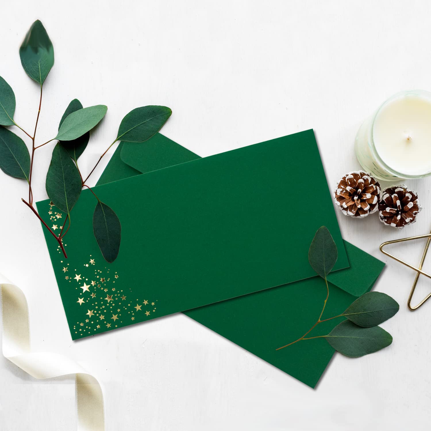 50 Enveloppes Étoiles Métallisées DIN Long - 110x220 Mm, 120 G/m², Rouge Foncé & Or - Fermeture Adhésive, Pour Noël & Occasions Spéciales - 10