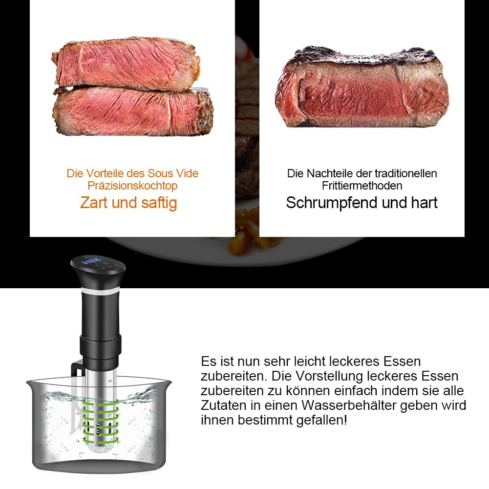 Sous Vide Garer Sous Vide Stick aus Edelstahl, Slow Cooker mit LED Touch-Display, 1000W Sous-vide Garer mit präziser Temperatureinstellung und Timer, inkl. Rezeptbuch, Grau(MEHRWEG)