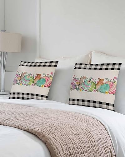Miniatura 3 de Pack of 2 Cotton Throw Pillow Covers, Happy Easter Bunny Rabbits Buffalo Plaid Eggs Soft Square Pillow Covers Home Decoration Pillowcases for Living