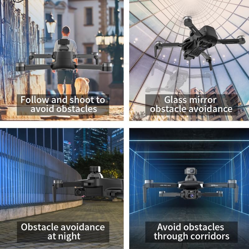 Four scenarios demonstrating drone's obstacle avoidance: following a person, avoiding glass, avoiding obstacles at night, and navigating corridors