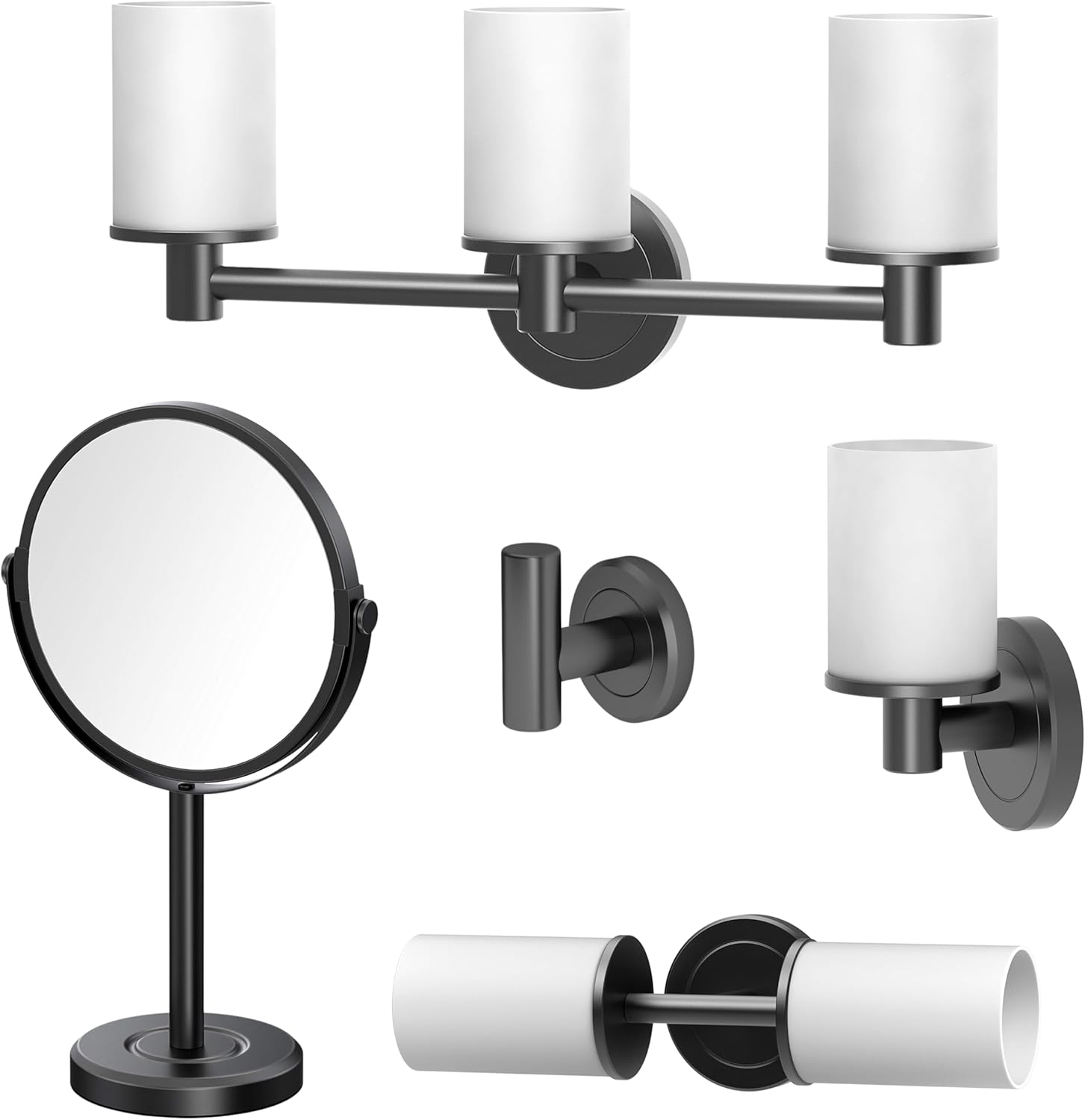 Gatco Latitude II Bathroom Accessory Bundle – Makeup Mirror Plus Vanity Lights & Robe Hook, Matte Black Finish