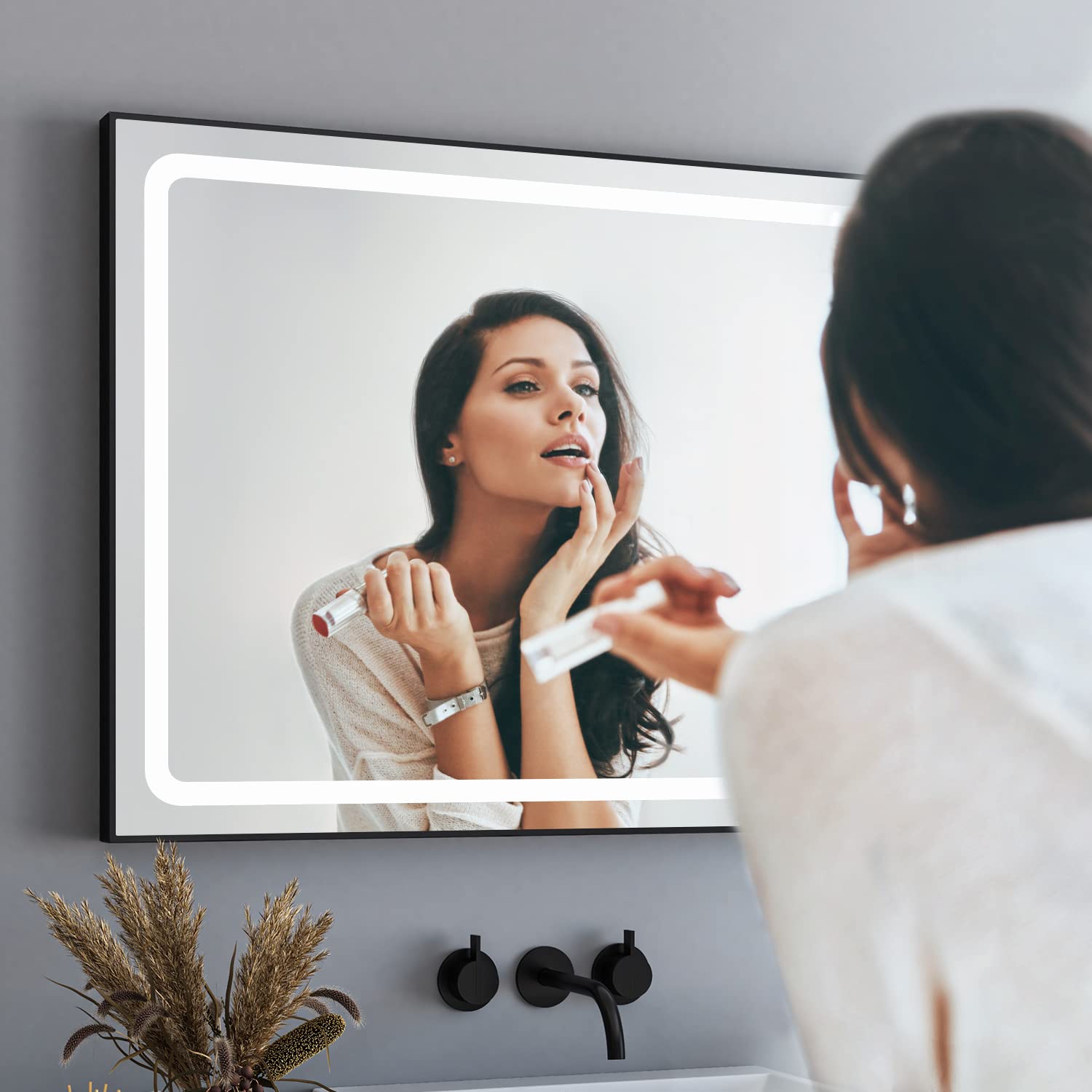 BD-Baode LED Bathroom Mirror with Black Frame Aluminium 100 x 60 cm Bathroom Mirror with Touch Switch Anti-Fog Cold White Light 6500 K