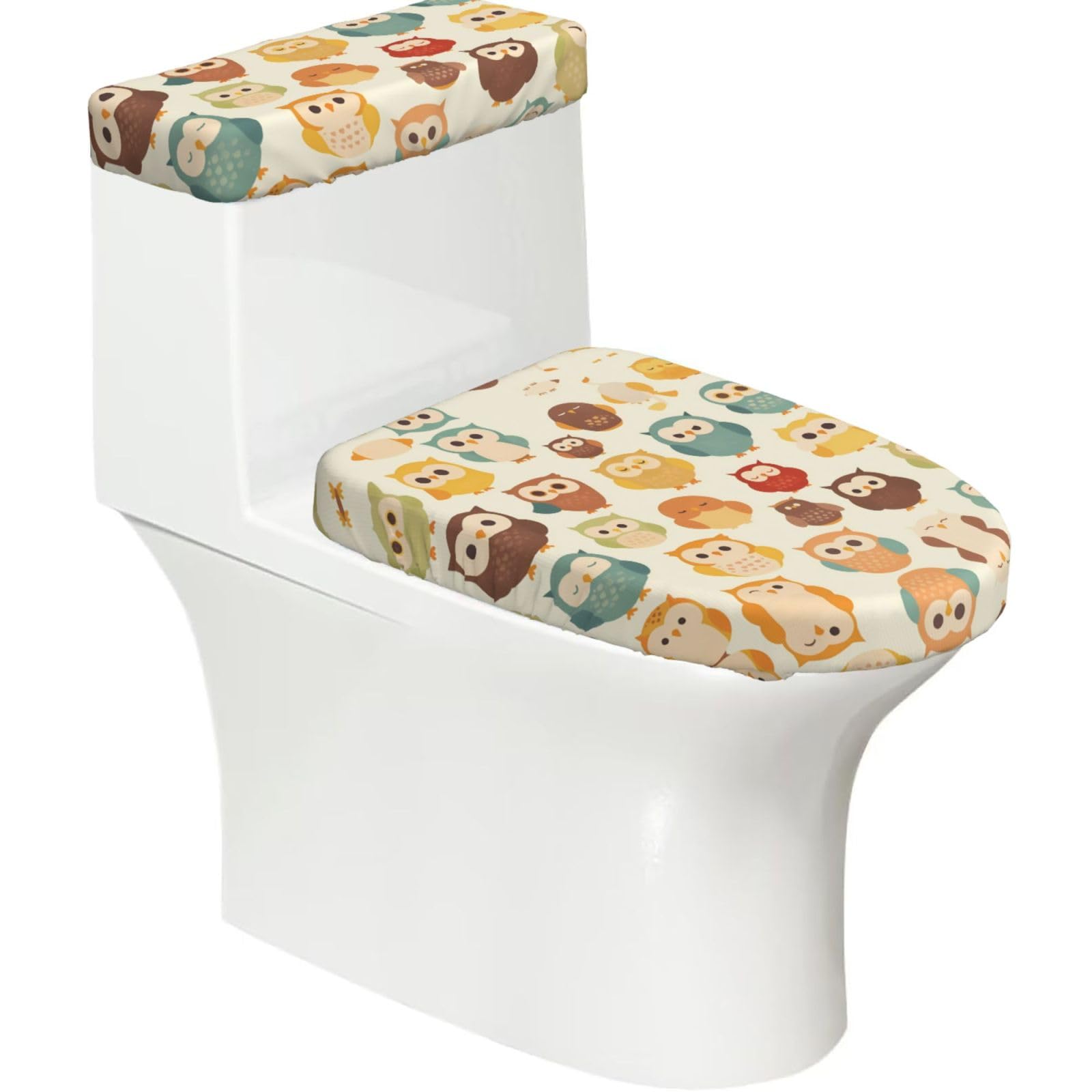 Colorful Owls 2-Piece Toilet Seat Cover Set with Tank Lid - Elastic for U-Shape & Elongated - Bathroom Decor
