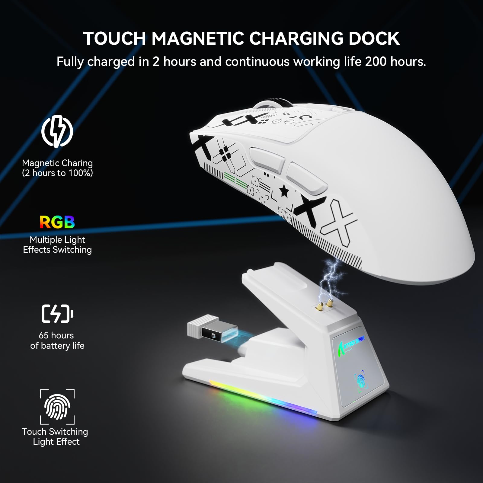 MAMBASNAKE x Attack Shark X1 Souris Gaming Légère avec Station de Charge, 49g Ultra-légère, Mice de Office Filaire/sans Fil BT/2,4G avec Grip Tape, Capteur PixArt PAW3395 Pro 40K PPP, PC/Mac - Blanc