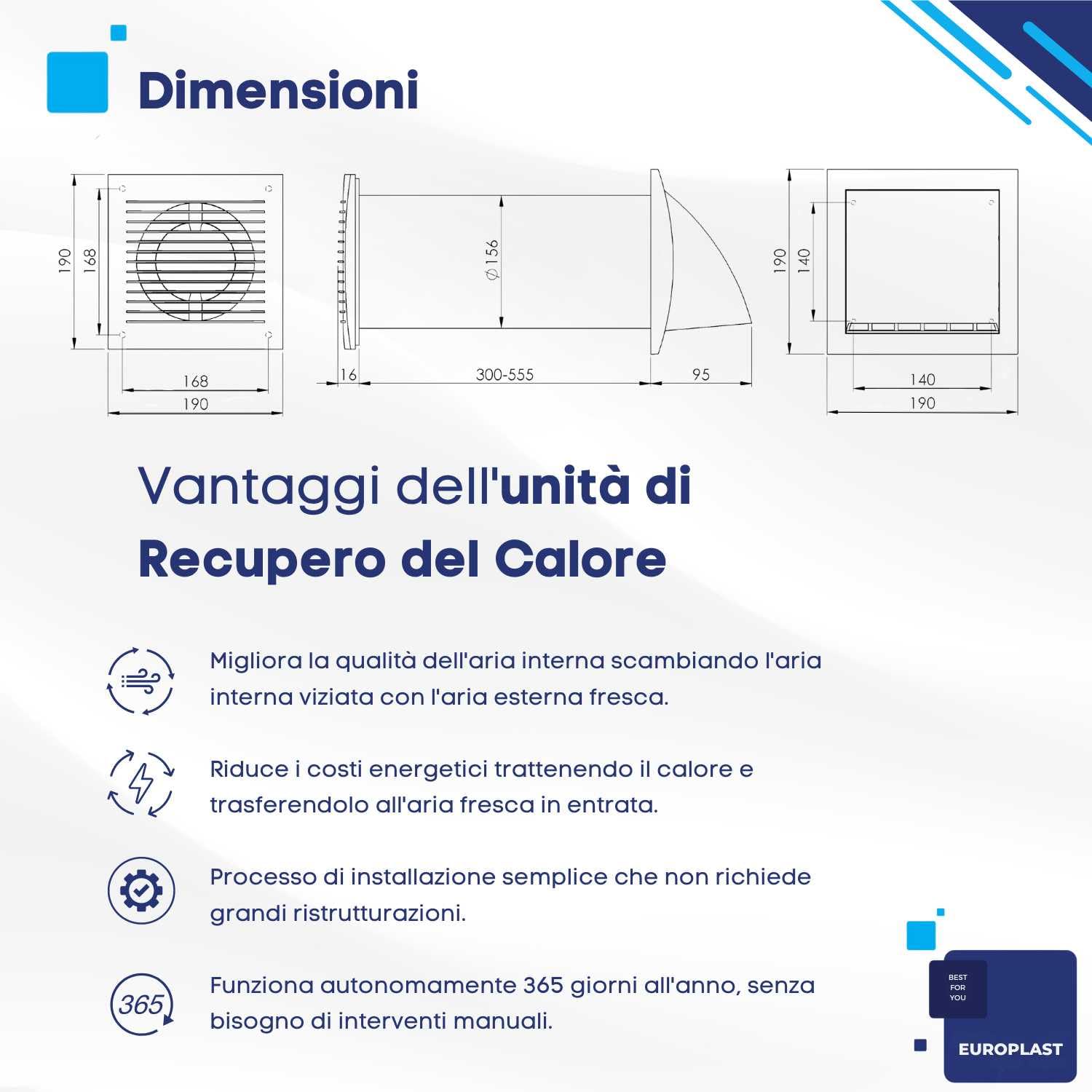 EUROPLAST Ø 150mm Ventilazione Monostanza con Recupero di Calore - Unità di VMC Decentralizzata a Flusso Alternato - Ventilazione Meccanica Controllata