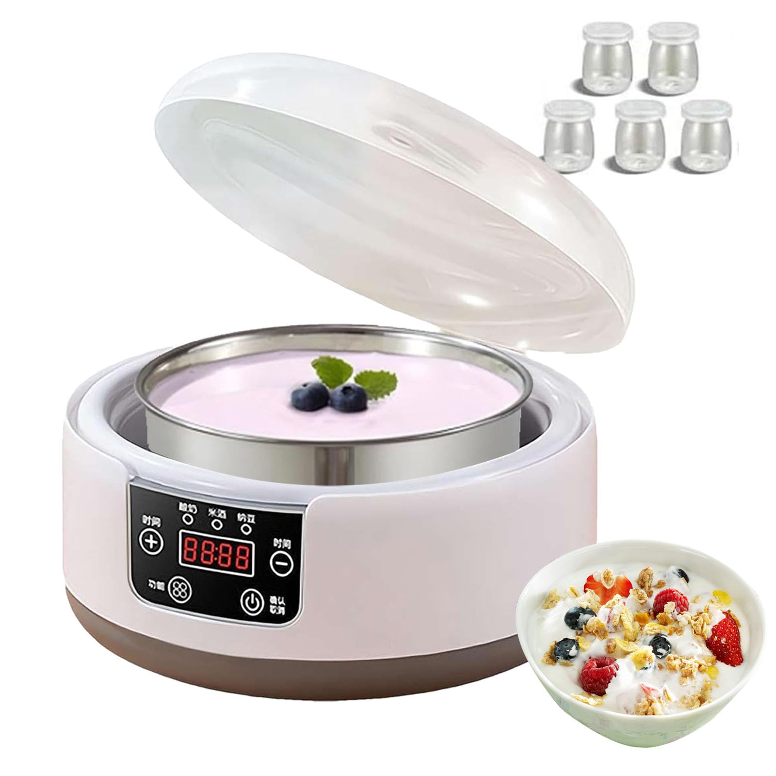 Yaourtière Entièrement Automatique, Avec 1 Cuve En Acier Inoxydable De 1200 Ml Et 5 Pots De 100 Ml, Chauffage Équilibré À 360°, Pour La Préparation De Yaourts Et De Nattos Maison.,A