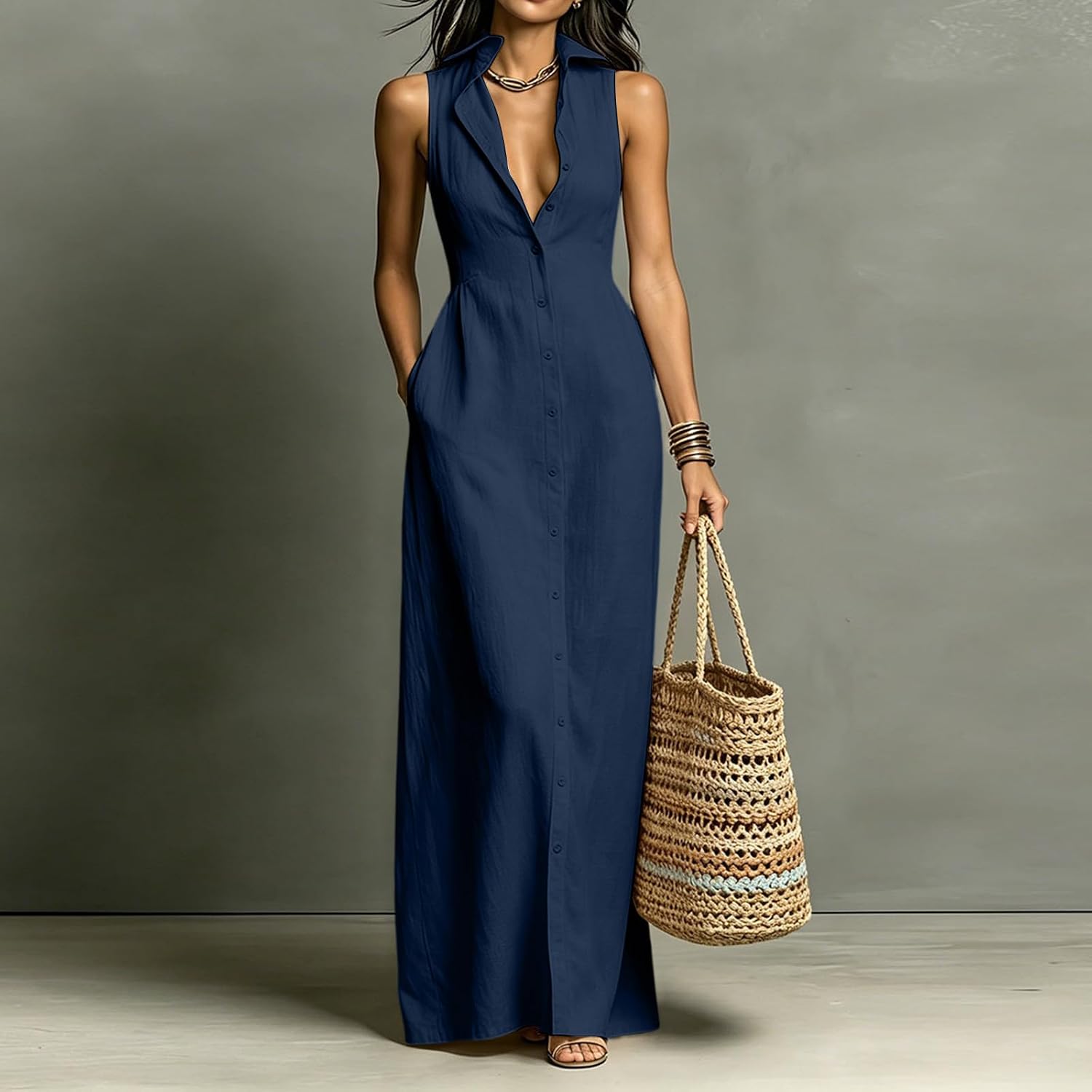 Womens Summer Maxi Dresses 2026 | Collared Button Down,V Neck Sleeveless Long Dress,with Pockets,Beach Vacation Sundresses,Swimsuits Coverups