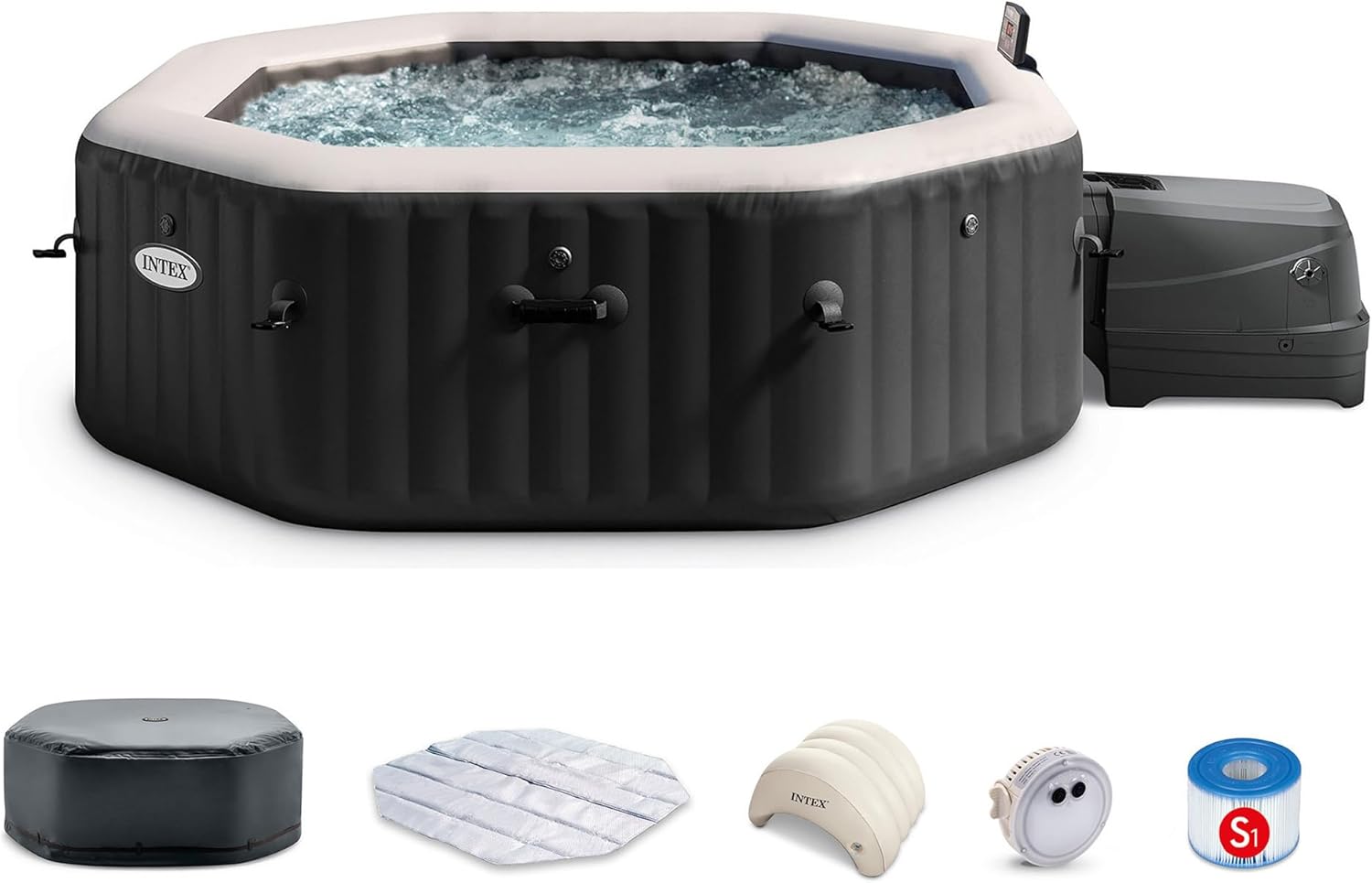 Intex 28461EP 6-Person Onyx Black Octagon Jet & Bubble Deluxe Combo Outdoor Inflatable Portable Hot Tub, Includes Energy Efficient Spa Cover, 83in x 28in