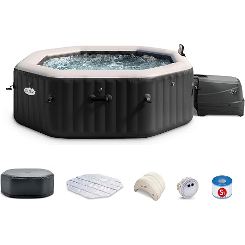 Intex 28461EP 6-Person Onyx Black Octagon Jet & Bubble Deluxe Combo Outdoor Inflatable Portable Hot Tub, Includes Energy Efficient Spa Cover, 83in x 28in