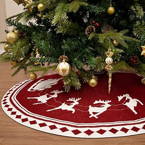 WBHome Christmas Tree Skirt, 52 inch Double-Sided Cable Knit Knitted Thick Rustic Holiday Decoration, Christmas Reindeer Sleigh Pattern Cover