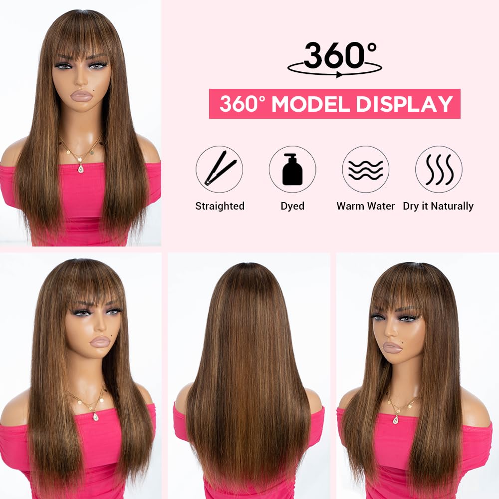 Rebecca Fashion 18 Inch Ombre Blonde Brown Straight Wig with Bangs Human Hair Silky Straight Bang Glueless Minimalist 2.75x1 Lace Scalp Wig for Women Glueless Wear and Go Brazilian Remy Hair - Image 4