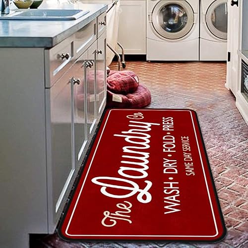 Miniatura 7 de Tapete largo para lavandería, tapete antideslizante para el suelo, impermeable, alfombra de granja para cocina, 40 x 20 pulgadas (rojo-3)