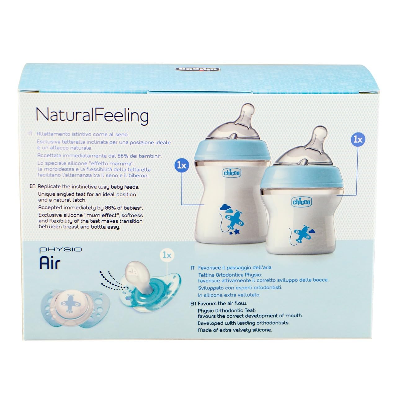 Chicco NaturalFeeling - Set de regalo con 2 biberones recién nacido + chupete, 0 m+, azul