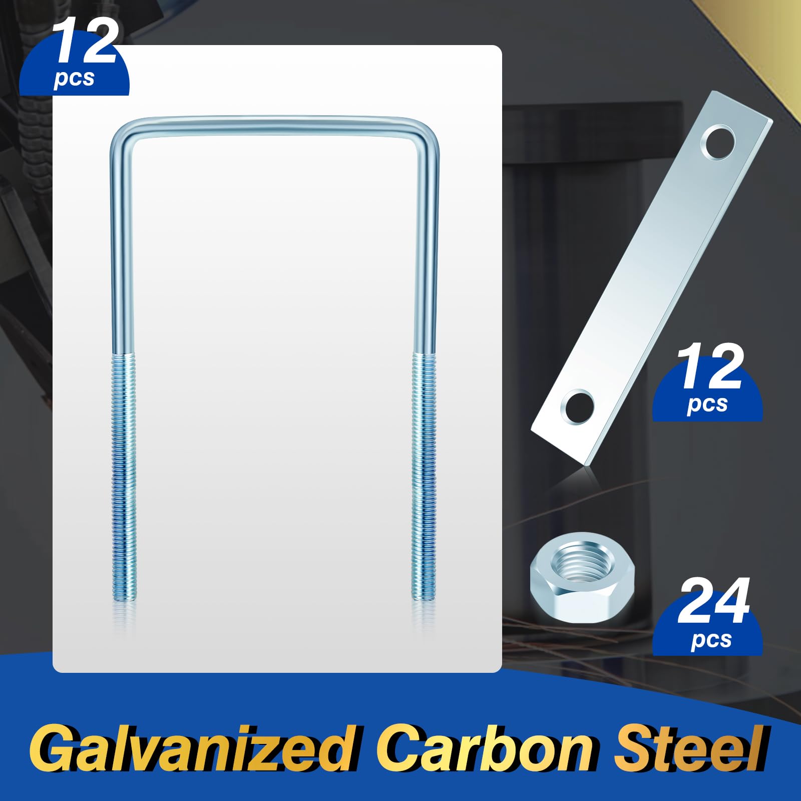 Dunzy 12 bulloni a U quadrati zincati, in acciaio al carbonio resistente, forniture industriali e scientifiche per tubi di rimorchi per barche, oggetti rettangolari in legno e metallo (9,5 x 10,2 x