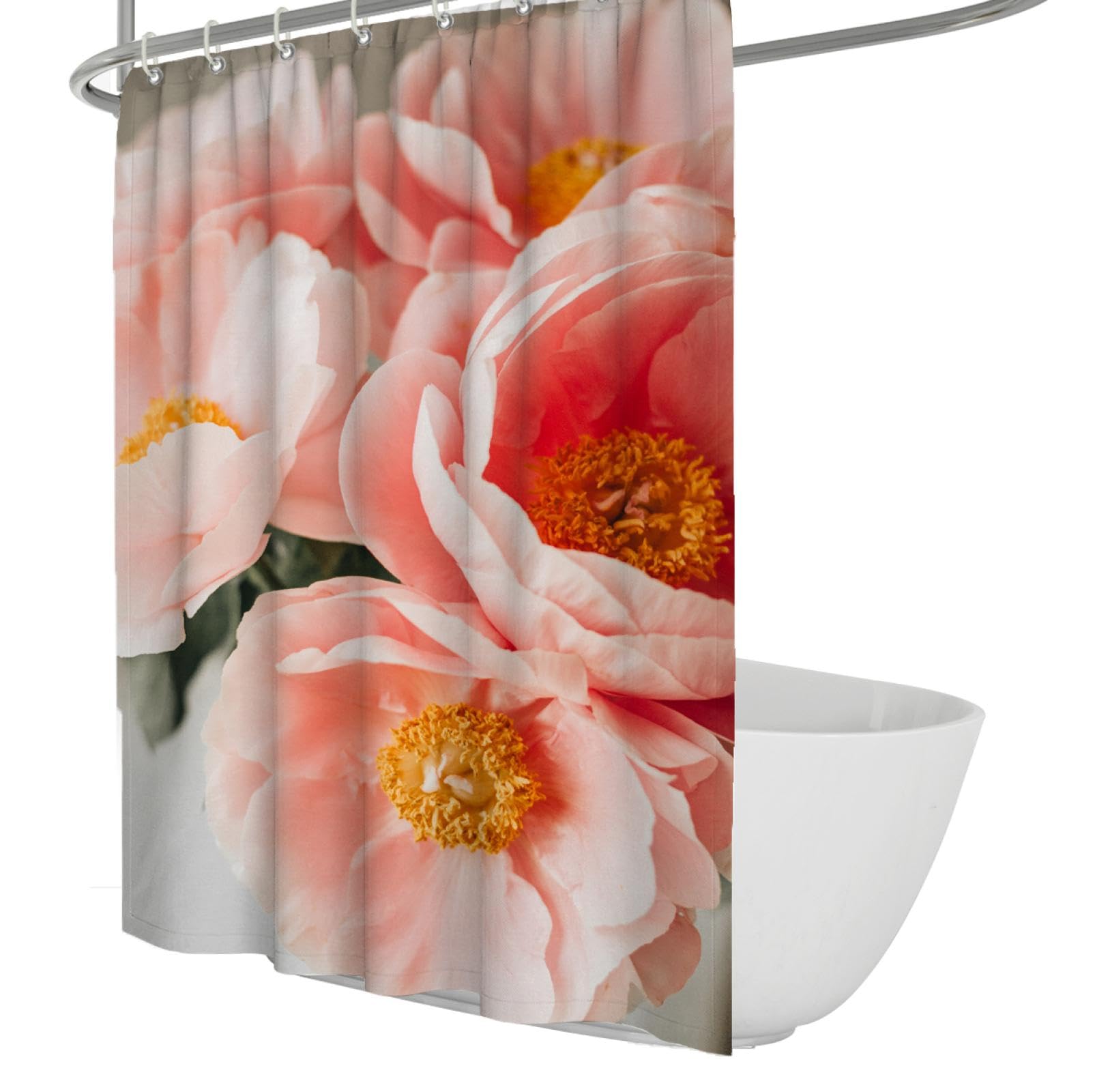 Rosa & Gelbe Blumen Duschvorhänge Blumenkunst Ästhetisches Badezimmer Dekor Set mit Haken Neujahrsdekor wasserdichte Duschvorhangauskleidung 180Bx240Lcm