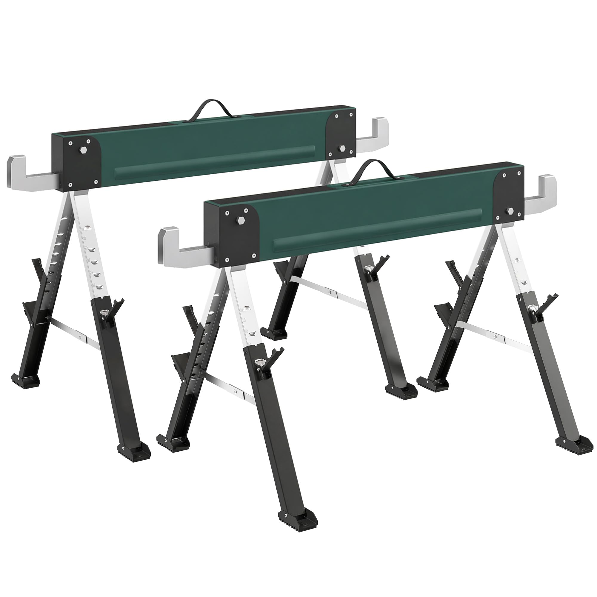 HOMCOM Lot de 2 Tréteaux Pliables en Métal, Charge Max. 1160 kg, Tréteaux Portables, Hauteur Réglable 64-81cm, Poignée de Transport, Support 2x6, pour Bricolage, Sciage, 116 x 64 x 81 cm, Vert