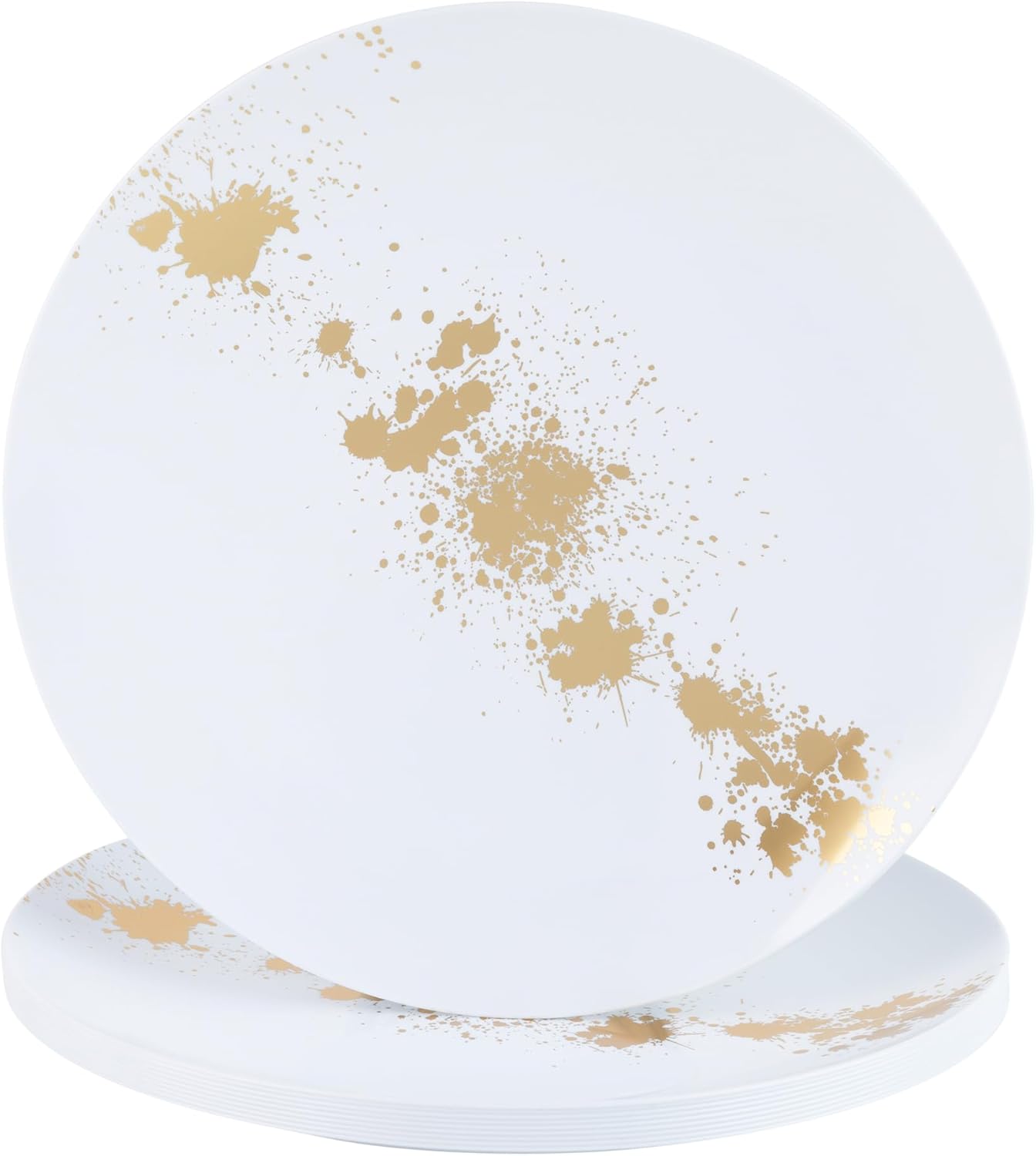 Dining Collection Party Plastic Plates – White with Gold Splatter Design - 256 Count- Round Elegant Premium Combo Pack (7.5”, 10.25”) 128 of Each Size