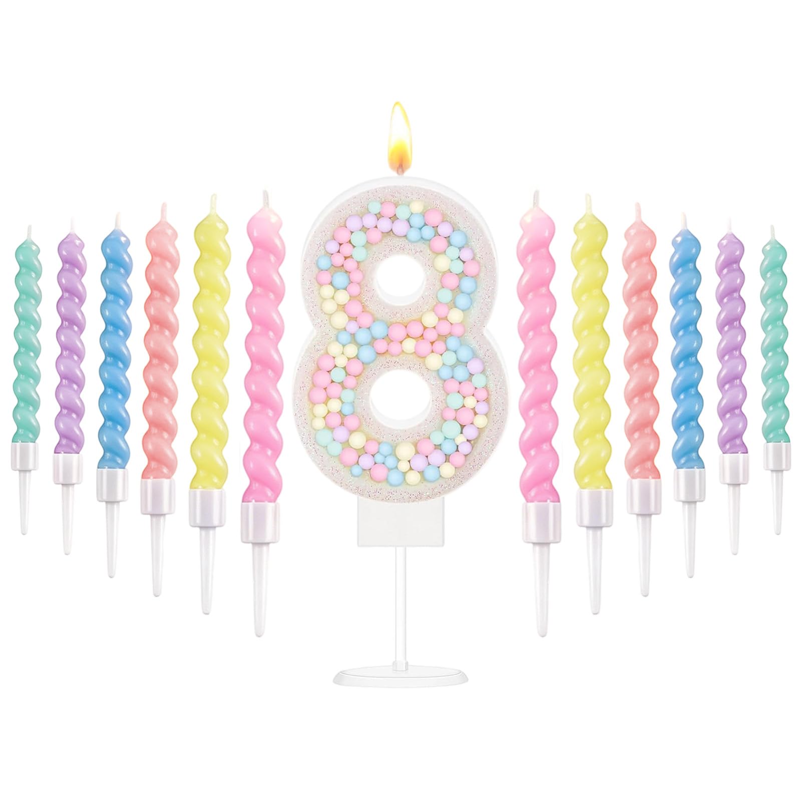 White Macaron 8th Birthday Candles Set, Number 8 Birthday Candle with 12pcs Spiral Candles for Girls Boy 8th Birthday Decorations, Rainbow Cake Topper for Party Decoration, Baby Showers Supplies — image 1