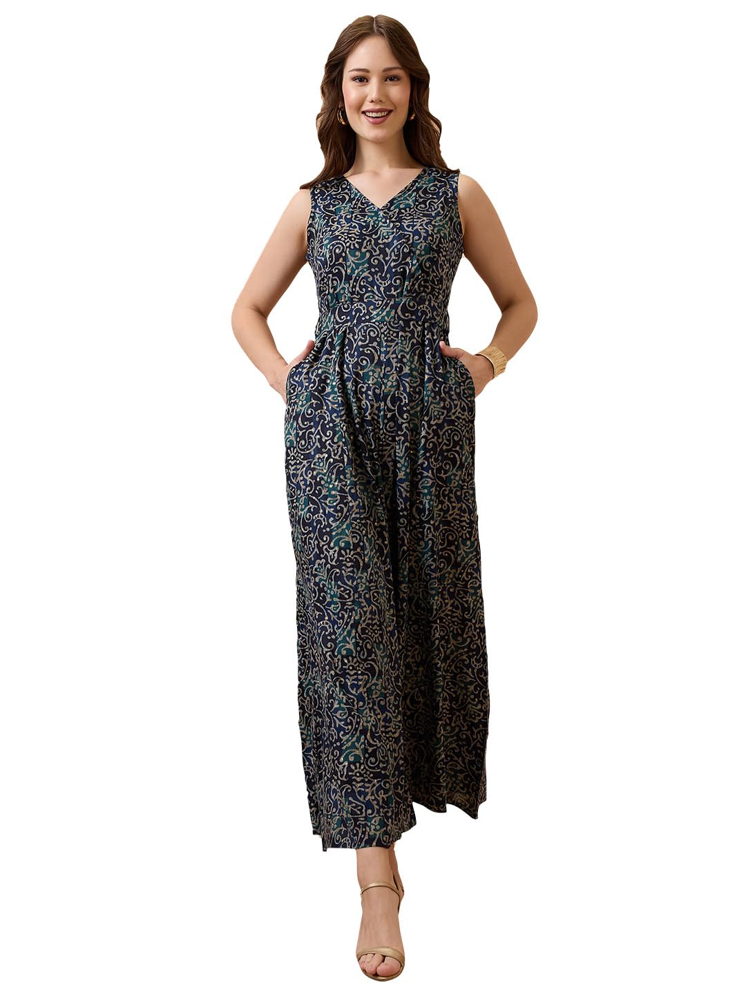 Women V-Neck Ethnic Print Flared Fusion Jumpsuit-image-13