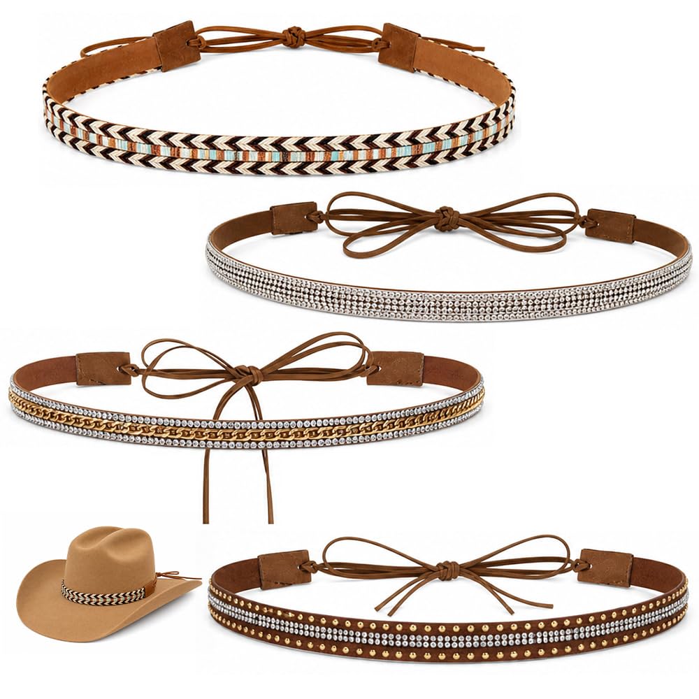 4Pcs Cowboy Hat Bands, Adjustable Leather Cord for Cowboy Hats Fedora