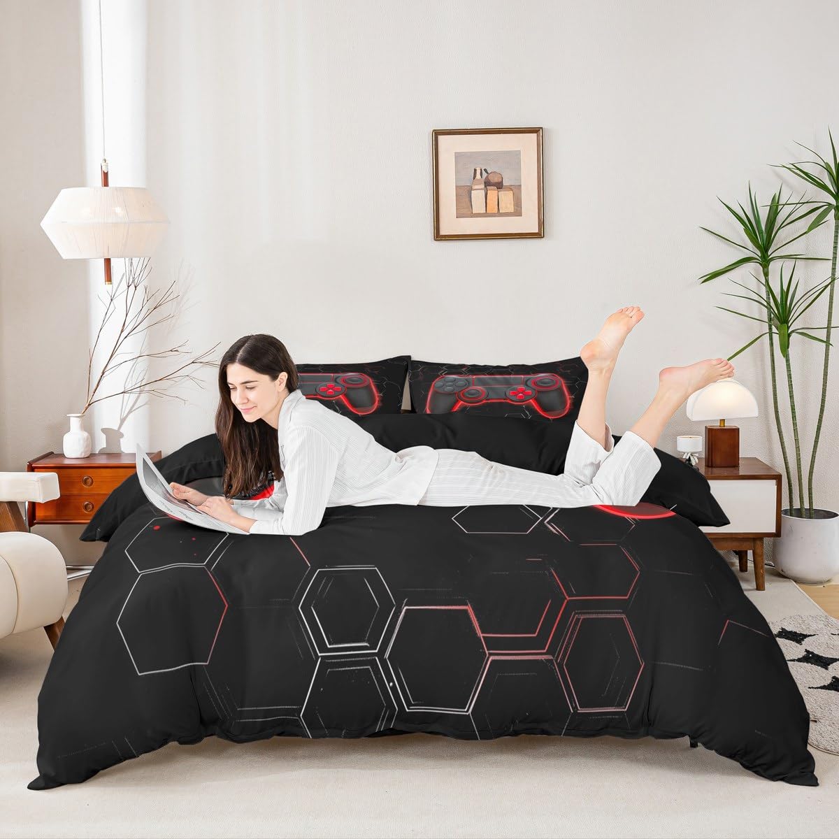 Loussiesd Honeycomb Gamer Duvet Cover Set Single Size For Kids Boys Teens Hexagonal Gaming Bedding Set Red Neon Gamepad Comforter Cover with 1 Pillowcase Game Console Controller Beds Set - Image 2