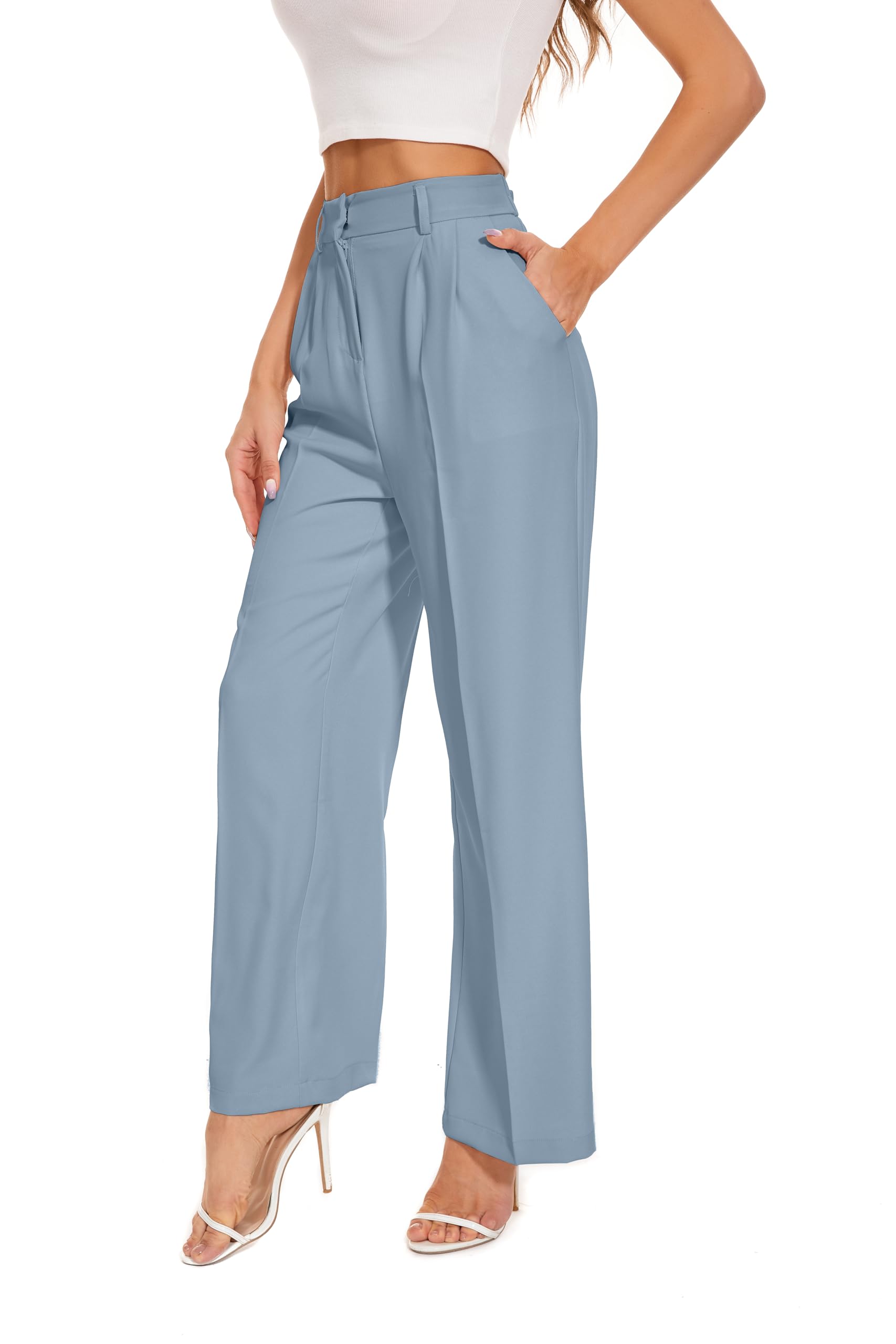 FUNYYZO Wide Leg Pants Women's High Elastic Waisted in The Back Business Work Trousers Long Straight Suit Pants