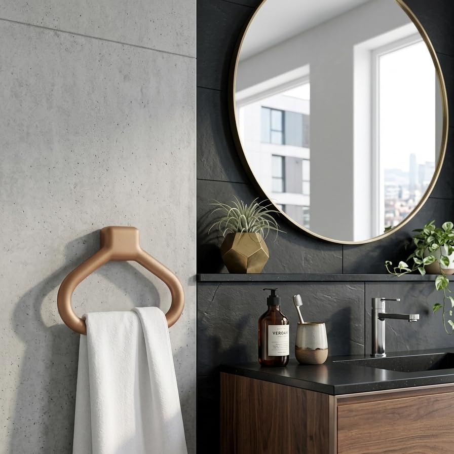Image of Branco Modern Wall Mounted Towel Ring Holder | Self Adhesive Towel Ring for Bathroom | Premium Plastic Bathroom Hand Towel Hanger, Durable & Rust-Free, Easy Installation, Champagne Gold