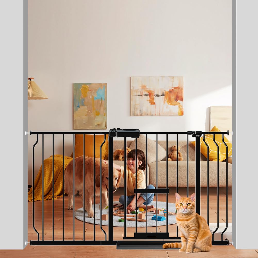 WAOWAO Baby Gate with Cat Door 52.75-62.2" Extra Wide Pressure Mount Metal Dog Gate, Walk Through Swing Auto Close Black Safety Child Gate with Pet Door for Kitten Stairs,Doorways,Kitchen,Hallway