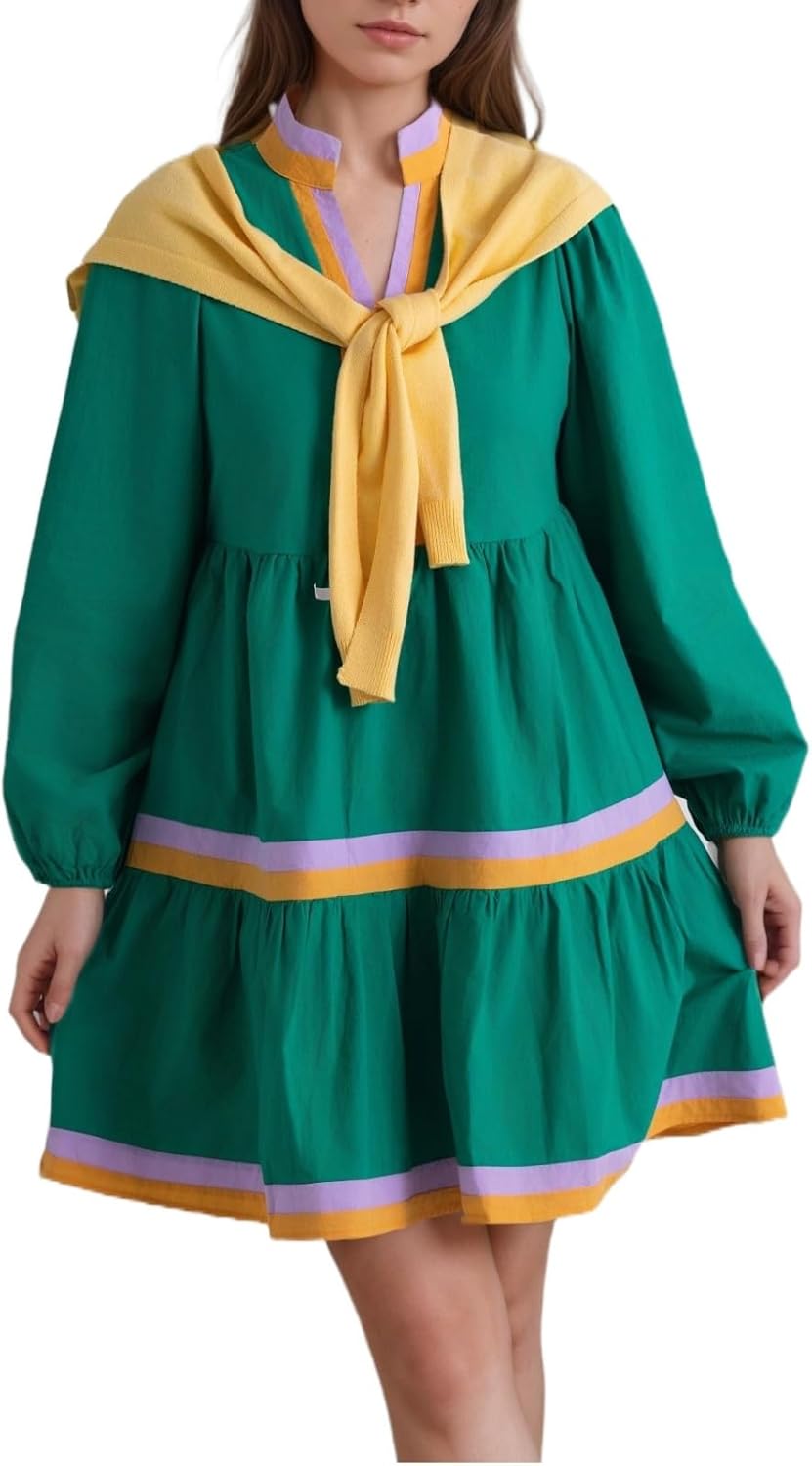 Womens Puff Long Sleeve Babydoll Dress V Neck Navy Blue Striped Color Block Tiered Mini Dresses - Image 5