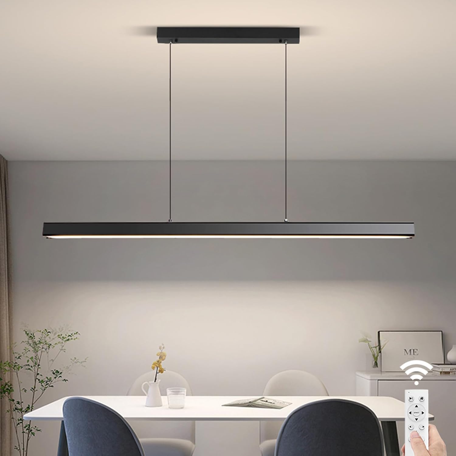 JAYMP Minimalist Linear Pendant Light Dimmable LED Modern Chandelier Dining Room Island Light Restaurant Cafe Bar Office Hanging Lamp Black 57"