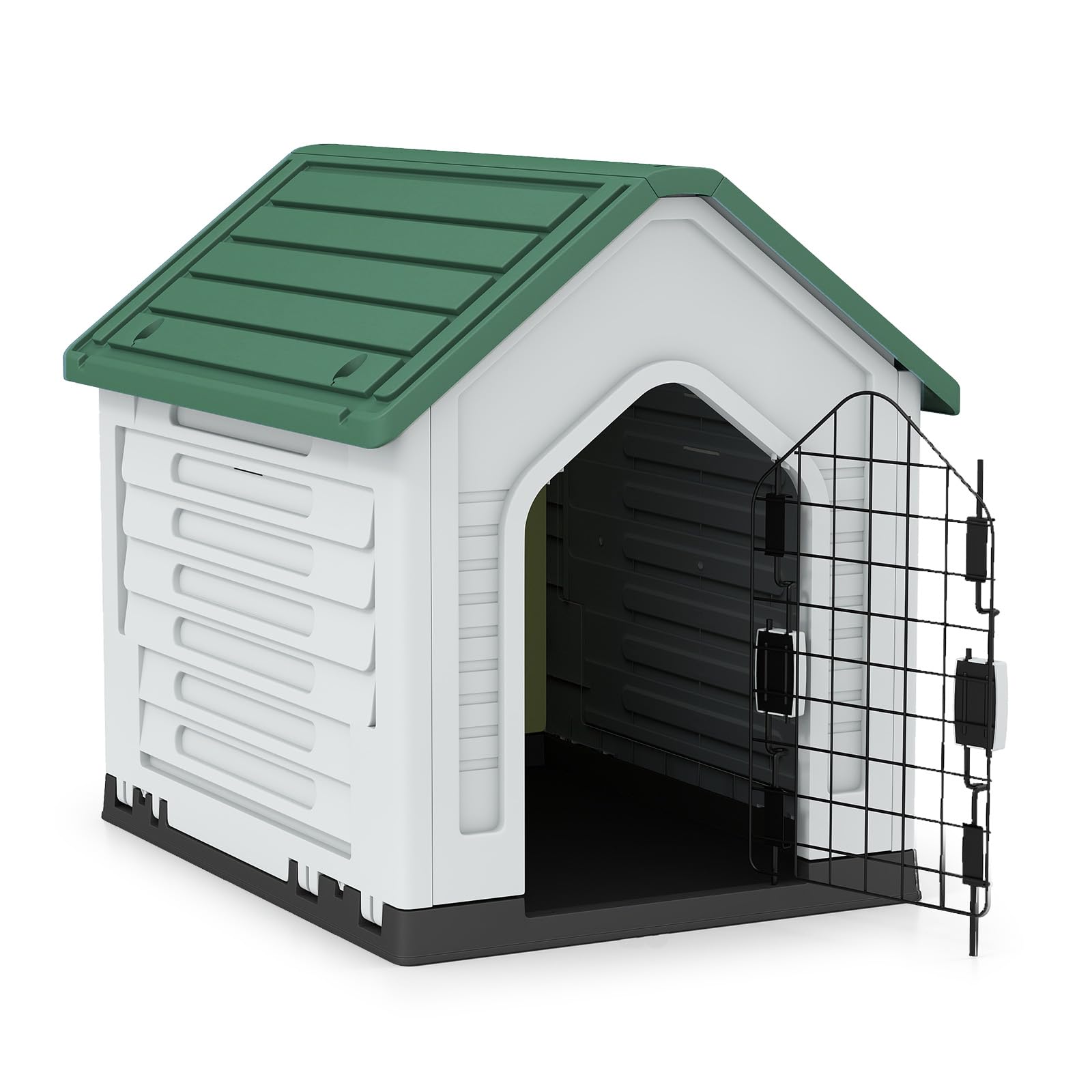 GYMAX Caseta para Perros, Casa de Plástico para Perros con Puerta Metálica Bloqueable, Techo Inclinado, Buena Ventilación, Refugio para Animales Adecuado para Interior, Exterior (Verde)