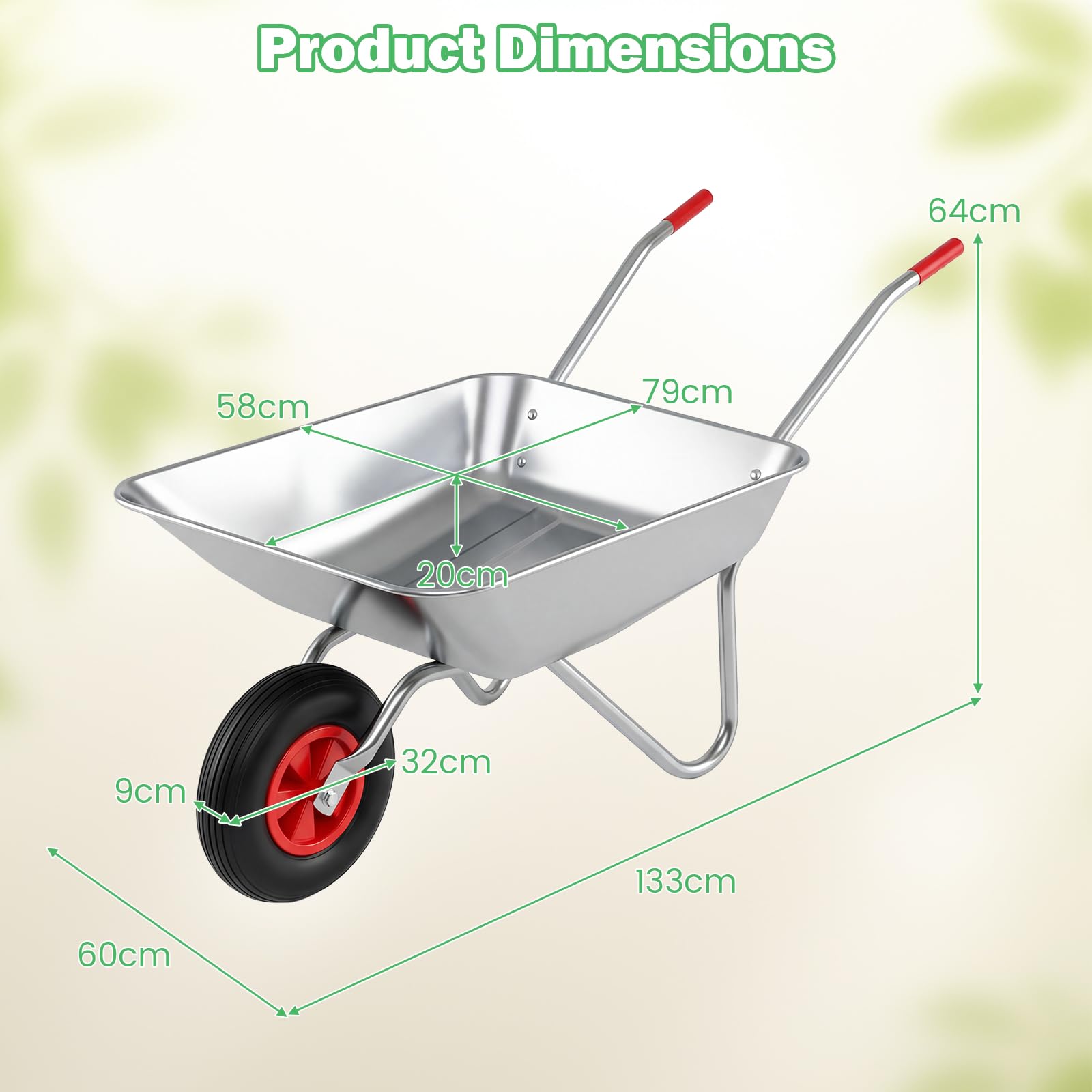 FANTASK Schubkarre mit 2 Griffen, Bauschubkarre aus verzinktem Metall mit 32 cm Gummireifen, Gartenschubkarre bis 136 kg, Gartenwagen, Schiebkarre Kippwagen Garten (Silber)
