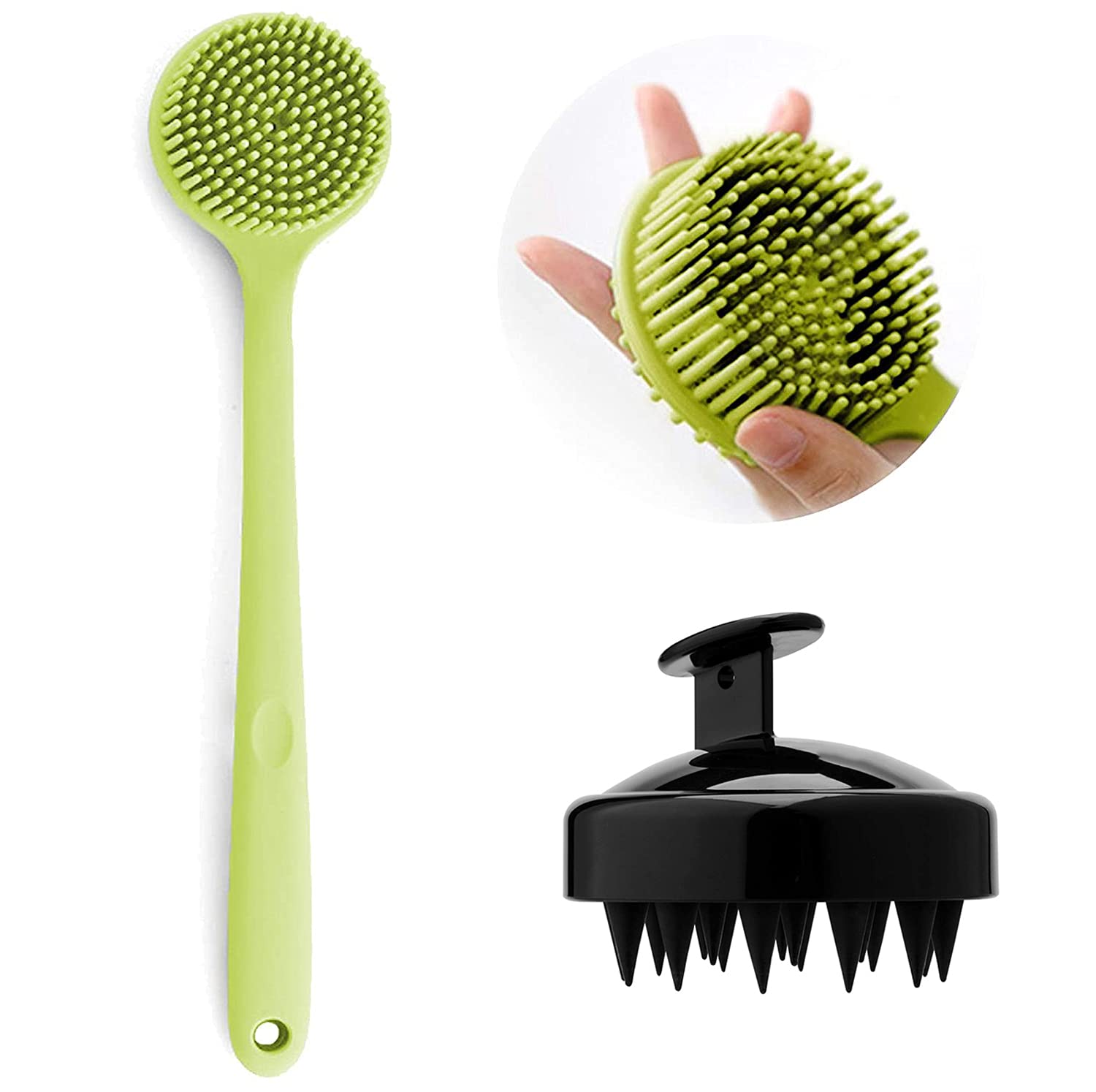 NCAmzuia Body Bath Brush, Silicone Shower Brush Exfoliator 15 Inch Long Handle Back Scrubber Brush for Shower Non-Slip Body Cleaning Brushes with Soft Bristles