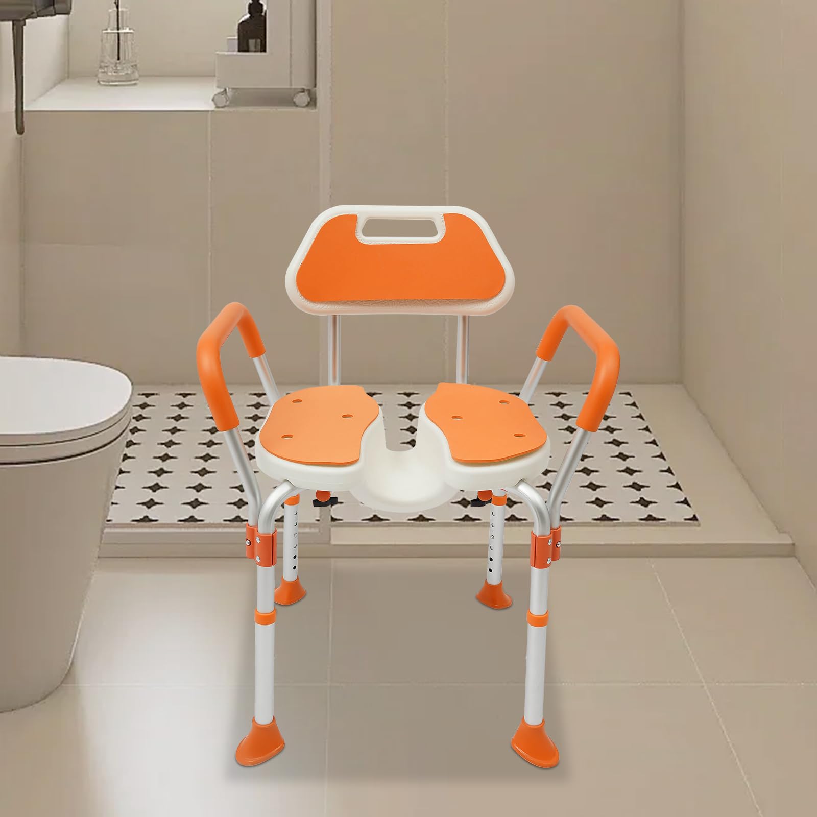 Silla de ducha con respaldo y reposabrazos, altura ajustable, antideslizante, silla de ducha para personas mayores de hasta 125 kg, con almohadillas antideslizantes para los pies