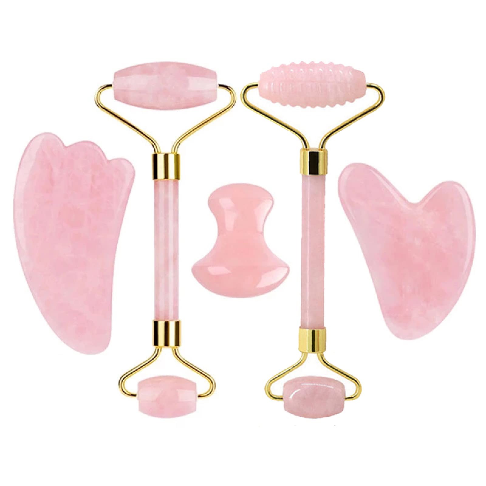 Rose Quartz Face Roller and Gua Sha Set Natural Jade Gouache Gua Sha Massage Quartz Roller Facial Lifting Massage Tool,Type 7